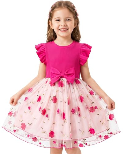 JinBei Vestito da Bambina Estate Abito da Principessa in Tulle, 2-7 Anni | Maglia Morbida, a Fiori Stampa Vestiti, Maniche Corte con Volant, Abbigliamento Bambini per Festivo, Compleanno, Casual