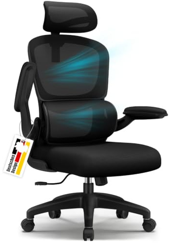 Aiidoits Bürostuhl, Bürostuhl Ergonomisch, Schreibtischstuhl mit Segmentierter Rückenlehne, Adaptiver Lendenstütze und 90°klappbaren Armlehnen, Schreibtischsessel Neigbar bis 135°, Office Chair