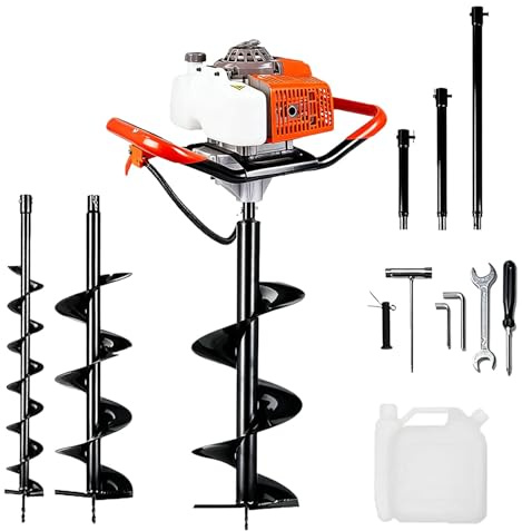 Trivella Professionale 63CC a Scoppio, Mototrivella per Terreno con 3 Punte e 3 Aste di Prolunga, Perforatrice per Giardinaggio e Installazione Pali, Alta Efficienza