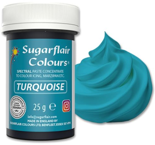 Sugarflair Lebensmittelfarbpaste Turquoise, Konzentrierte Spectral Lebensmittelfarbe für Buttercreme, Zuckerpaste, Zuckerguss, Kuchenmischungen, Macarons und mehr! - 25g | Hochkonzentrierte Farbpaste für Fondant, Marzipan und Modellierpaste, Farbintensität Aufbaubar