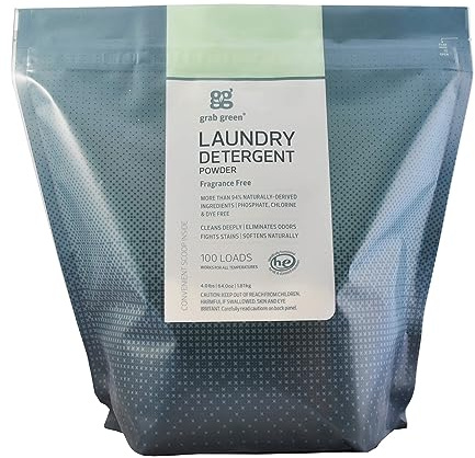 Grab Green 3-in-1 Laundry Detergent Powder, 4lbs -100 Loads, Fragrance Free, Plant and Mineral Based, Superior Cleaning Power, Stain Remover, Brightens Clothes, Packaging may vary