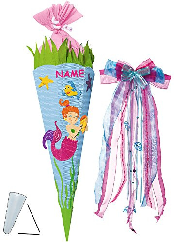 alles-meine.de GmbH BASTELSET Schultüte - Nixe - Meerjungfrau & Fische - 85 cm - incl. großer Schleife + Name - mit/ohne Kunststoff Spitze - Zuckertüte - Set zum selber Bas..
