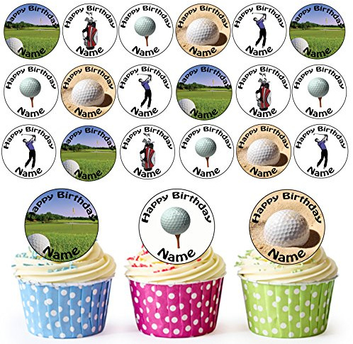 AK Giftshop Golf Golfing Mix 24 Personalised Edible Cupcake Toppers/Birthday Cake Decorations - Easy Precut Circles