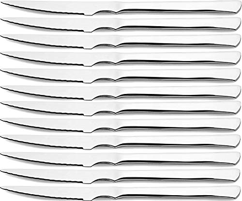 chiner - Cuchillo de Carne Acero Inoxidable | Pack de 12 Unidades | Acabado Pulido Alto Brillo | Punta Redondeada | Longitud: 22.4 cm | Espesor Base: 1.8 mm, Plata, Acero Inoxidable.