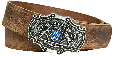 Enzianblau Echtleder Gürtel; Trachtengürtel; Bayerwappen blau-weiß und bayer. Löwen, Gürtel passend zur Lederhose (80)