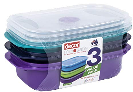 Décor Microsafe Jewel Food Containers Set | 3 Pack - 3 x 900ml | Meal Prep | Steam Release Vent | Microwave, Dishwasher & Freezer Safe | Assorted Colours