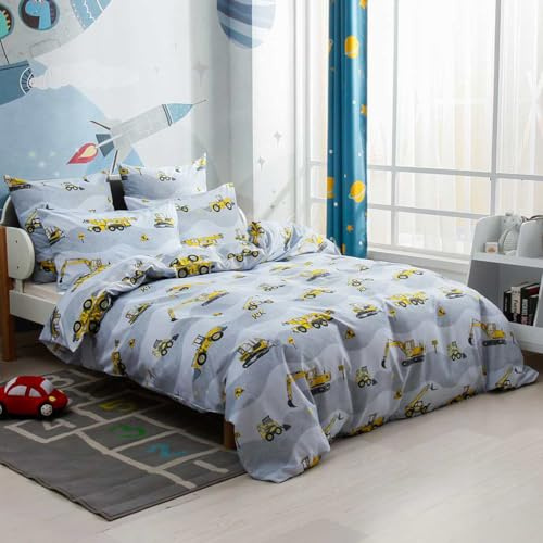 AShanlan Kinder Jungen Bettwäsche 135x200 Bagger Baustelle & LKW Motiv Kinderbettwäsche Set 100% Mikrofaser Weiß Grau Bettbezug mit Kissenbezug 80x80 cm