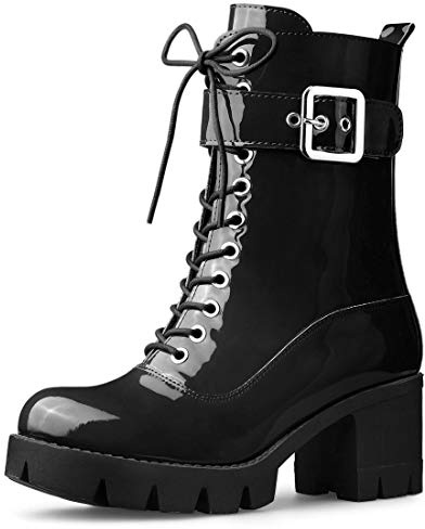 Allegra K Women's Zip Platform Chunky Heel Combat Black Boots 7 M US