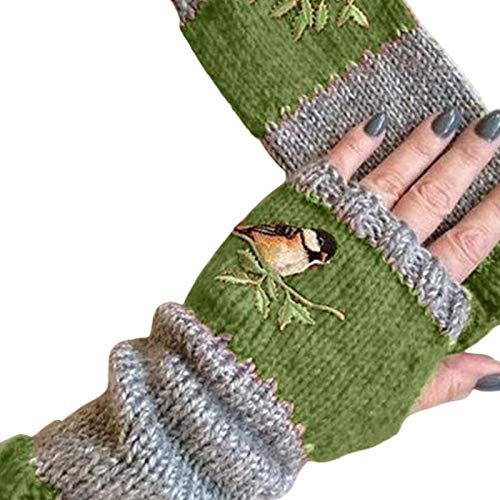 floatofly Winter Warme Strickhandschuhe, Frauen Herbst Winter Vogel Bestickte Handschuhe Stricken Fingerless Color Block Mitten Grün