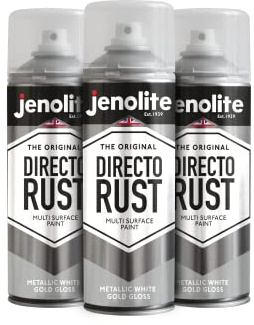 JENOLITE Directorust Metallic-Glanz-Sprühfarbe, Weißgold, 3 x 400 ml, Weißgold-Sprühfarbe für verschiedene Oberflächen, für Metall, Holz, Kunststoff, All-in-One-Primer, Grundierung und Decklack, innen