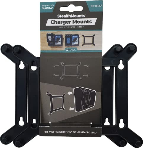 StealthMounts Charger Mount Compatible with Makita DC18RC – 2 Pack Wall Mount Charger Holders & Workshop Organiser Brackets for Power Tool Chargers