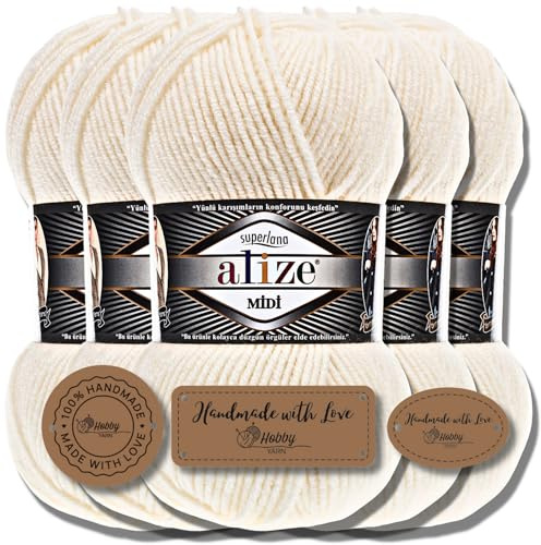 Hobby YARN 3x Etikettenlabel mit Alize Superlana Midi Wolle Premium 5x100g als Set, Yarn, Garn, Strickgarn, Einfarbig, Baby, zum Häkeln, Stricken, Kleidung, Schals (Cream | 62)