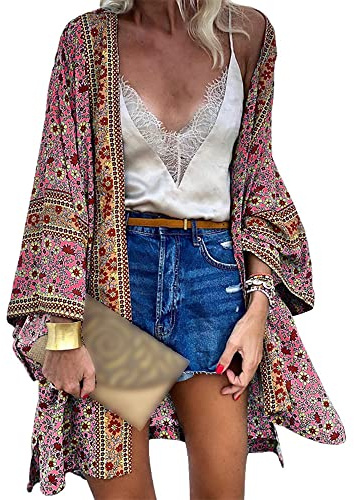 NA Damen Blumendruck Kimono Strickjacke Boho Strandkleid Pareos Poncho Sommer Strand Bikini Cover Up
