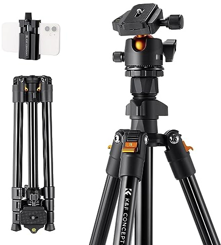 K&F Concept Reisestativ 62,99 Zoll Kamerastativ für DSLR Tragbares Aluminium Reisestativ mit 360 Grad Panorama Kugelkopf Schnellspanner