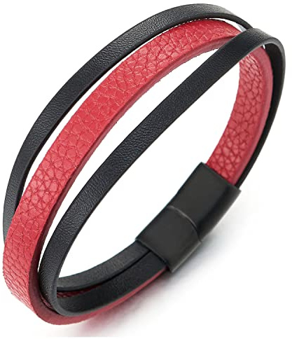 COOLSTEELANDBEYOND Män damer tredelat svart rött läderarmband omlottarmband med magnetiskt lås, Läder, Ingen ädelsten