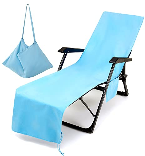 Morbuy Beach Chair Cover Towel, Solid color Beach Towel Lounger Bags with Pockets Sunbed Towels Fitted Microfiber Sun Lounger Towels for Summer Outdoor Garden Pool Vacation Travel (sky blue)