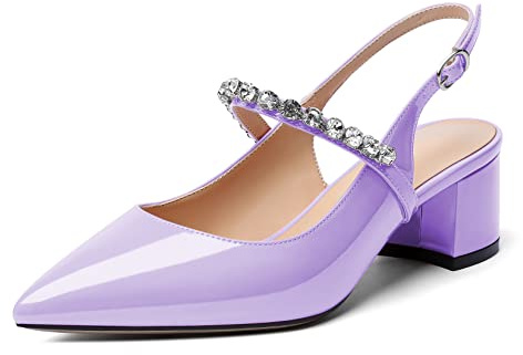 Elashe Damen Pumps Blockabsatz Spitz 2'' Mary Jane Block Heels Kristall Hochzeit Schuhe