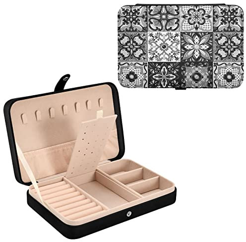 Talavera – Boîte à bijoux de voyage en céramique avec motif ethnique folklorique – Poterie italienne – Petit organisateur de bijoux de voyage en cuir synthétique pour femme – Boîte de rangement noire