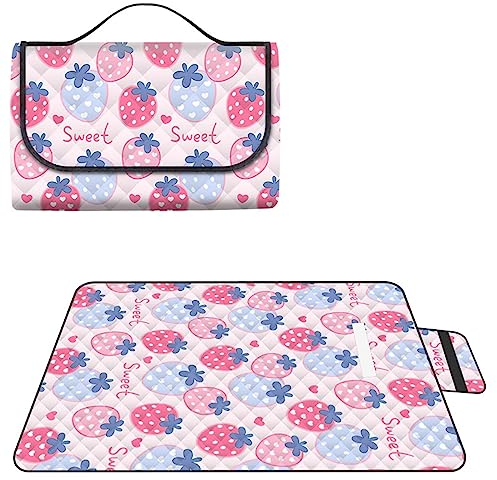 Yoonqun Picknickdecke 200x200cm,Wasserdicht Strandunterlage,Rosa Erdbeere Stranddecke XXL Weiche Campingdecke mit Tragegriff Strandmatte für Park,Garten,Strand,Waschbar