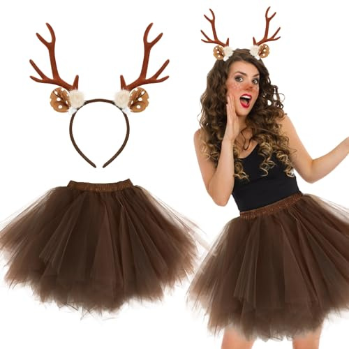 BOFUNX Haarreif Rentier mit Tüllrock Weihnachten Stirnband Damen Plissee Minirock Weihnachten Elch Kostüm Zubehör für Damen Mädchen M, Kaffee