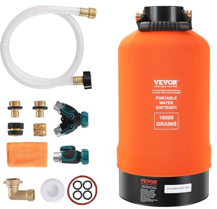 VEVOR RV Water Softener, 16,000 Grain Portable Water Softener, with 3/4 Brass Fittings and 42 Hose, Soften Hard Water Filter System for RVs, Trailers, Boats, Mobile Car Washing, Pressure Washing