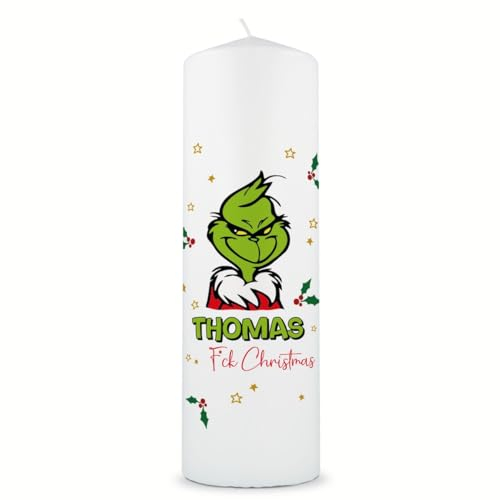 GRAVURZEILE Bedruckte Große Kerze - Grinch Mimimi - Personalisiert mit Namen - Geschenk zu Weihnachten - Hochwertige Stumpenkerze Weiß - 25/8 cm - Farbe: Grinch (M)