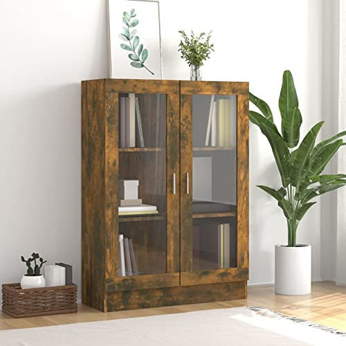 IKAYAA Vitrinenschrank Bücherschrank Mit Fächern und Glastüren Glasvitrine Stehend Standvitrine Vorratsschrank Küche Bücherschrank Mit Glastüren Räuchereiche 82.5 x 30.5 x 115 cm Holzwerkstoff