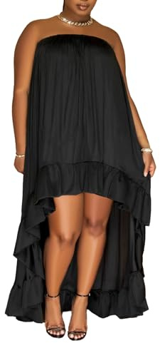 Miiyana Plus Size Black Dress for Women Flowy Mini Sundress High Low Ruffle Hem Maxi Dress Strapless S