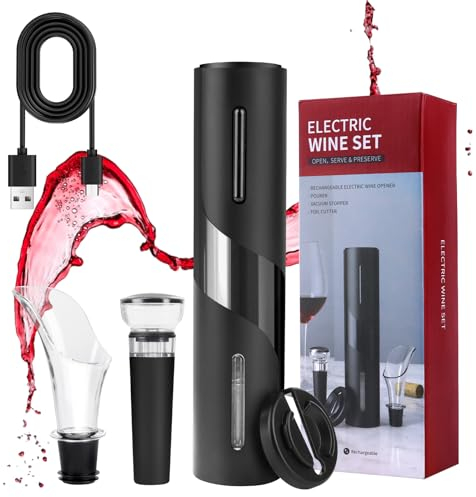 Cavatappi Elettrico, Taglia Capsula, Versatore, Tappo a Vuoto e Cavo USB, Cavatappi Elettrico per Vino Set, Regalo Migliore per San Valentino, Natale, Compleanno