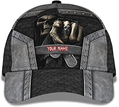 Baseballkappe Totenkopf Druck Personalisiere Namenstext Wort Mütze Mit Horror Skelett Und Metall Sonnenblende Mütze Leichtgewicht Golf Caps Sonnenschutz Basecap Für Herren, Auf Reisen, Damen