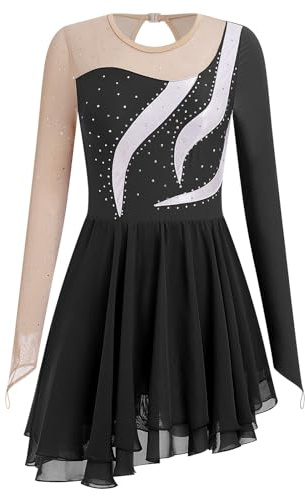 AFAVOM Eiskunstlaufkleid für Damen und Mädchen, langärmelig, Netzstoff, Pailletten, Strass, Eislaufkleid, Ballett, Wettkampf, Tanzkleidung