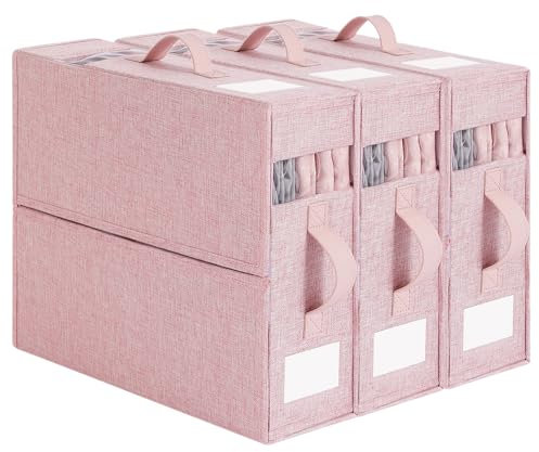 Dimoxii 3-Pack Bed Sheet Storage Organizers, Foldable Bedding Box for Duvet Covers with Labeling Cards, Closet Linen Storage Bag for King/Queen Size with Zippers & Clear Window (Pink)