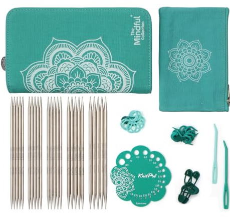 KnitPro Set di Ferri a Doppia Punta Mindful Compassion - 5 Ferri da Maglia a Doppia Estremità in Acciaio Inossidabile Turchese per Principianti, Professionisti e Regalo
