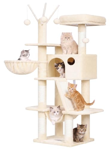 Hey-brother Kratzbaum, stabil, platzsparend, für mehrere Katzen, MPJ019-SM | 135 cm Indoor Katzenbaum, Mit gepolsterter Plattform Bett, Spielzeug Ball, Höhlen, Hängematte und Sisal Kratzbaum, Beige