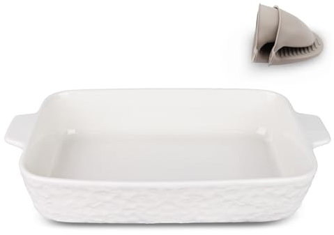 AmiCera Rectangular Ceramic Baking Dish, Deep Lasagne Dish with Handles, 2.8 L Individual Oven Dish, Large Baking Pan Dish for Cannelloni Pasta (White)