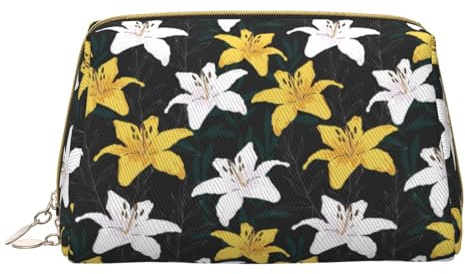 Trousse de maquillage en cuir avec fleurs de lys blancs jaunes - Trousse de voyage pour femme - Grande capacité