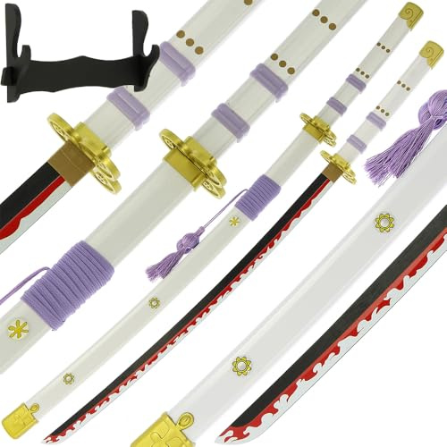 Anime Bamboo Swords Wooden Bokken Prop Halloween Cosplay Collection with Wall Stand (Emma - White)