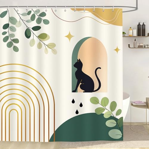 Dazzlewall Boho Schwarze Katze Beige Duschvorhang 183x183 cm Anti-Schimmel | Mid-Century Akzente, wasserabweisend, schnelltrocknend, waschbar, inkl. 12 Haken, für Dusche, Wanne & Gäste-WC