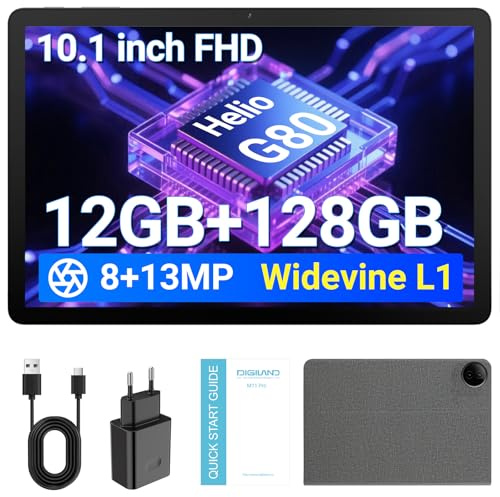 DigiLand Tableta, 2025 10.1 pulgadas HD Octa-Core Procesador Gris Android Tablet, 12 GB RAM, 128 GB ROM, BT 5.0, cámara dual, tableta de oficina, Widevine L1 (gris)