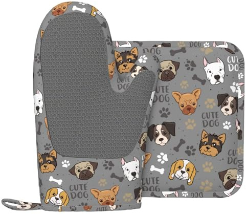 Cute Dog Oven Mitts and Pot Holders Sets Heat Resistant Non-Slip Silicone Oven Gloves Kitchen Accessories for Cooking Baking Grilling BBQ