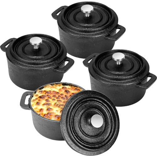 4 Pcs Mini Cast Iron Dutch Oven, 8 oz Small Round Iron Cocotte, Casserole Pots with Lids, Kitchen Garlic Roaster Pot for Stovetop Use Marinate Cook Bake Refrigerate Garlic Roaster BBQ Grill