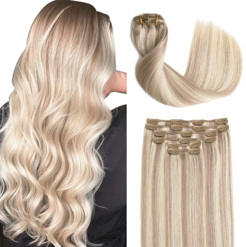 Sindra Clip in Extensions Echthaar Blond 35cm #18/613 | Clip in，Haarverlängerung, Aschblond mit Platinblond Blond, 6 Stück 100g, Real Extension, 14 Zoll
