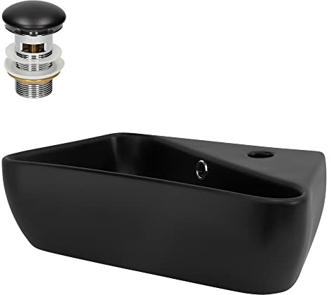 LuxeBath Waschbecken Keramik Schwarz 45x27x13 cm eckig mit Ablaufgarnitur Schwarz, Hahnloch rechts, Aufsatzwaschbecken/Hängewaschbecken, Waschtisch mit Überlauf, Waschschale Waschplatz Handwaschbecken