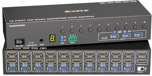 10 Port HDMI KVM Switch 2 Monitors 10 Computers 4K@60Hz EDID Simulation,Dual Monitor KVM Switch with 4 USB 3.0 Ports for Keyboard Mouse Printer,Audio RS232,with Controller 12V Power and 10 USB Cables