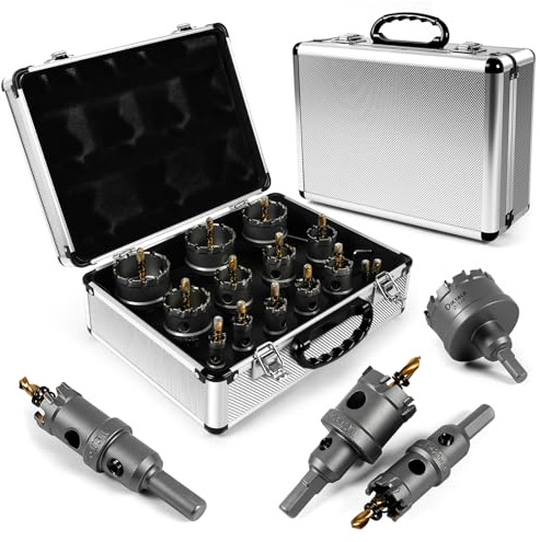 DIKTALK 16PC Heavy Duty Carbide Hole Saw Kit, TCT Hole Cutter Drill Bit Set 5/8 to 2-1/4 for Metal, Wood, Steel, Iron & Plastic, Alloy Hardness Upgrade, Industrial and DIY Use