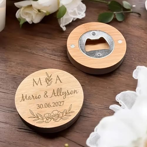 Abridor De Botellas Magnético Redondo De Madera 2 En 1 Personalizado/Posavasos, Abridor De Botellas Con Nombre Grabado Personalizado, Recuerdo Para Invitados A Bodas, Regalo Para Hombres(30pcs)
