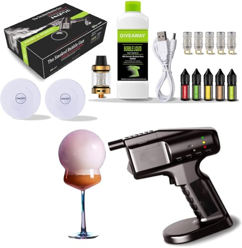 Elektrische Rauch-Seifenblasenpistole, Cocktail-Smoking-Seifenblasenpistole, for Cocktails mit 5 Aromaölen und 300 ml essbaren Seifenblasen, Getränke-Smoker-Set for Whisky, Bourbon, Wodka, Rum