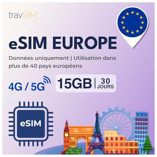travSIM eSIM Europa | 30 dagar – 15 GB | eSIM Europa, användning i Tyskland, Frankrike, Spanien, Italien, Nederländerna och mer | Tillgång till Google, Facebook, Whatsapp med mera | Inga