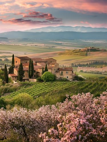 STYLER Leinwandbild Pink Tuscany 60 x 80 cm – Toskanische Hügellandschaft im Abendlicht – Mediterranes Landschaftsbild auf Leinwand