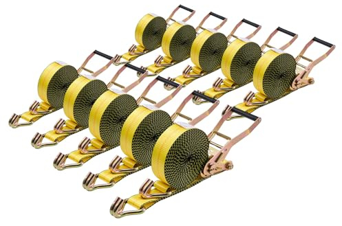 VEVOR Sangle à Cliquet 5 cm x 9 m Sangle d'Arrimage Lot de 10 Sangles de Chargement Fixation pour Déménagement Remorques Motos Kayaks Toit Voiture, avec Crochet Double J Résistance à Rupture 4536 kg